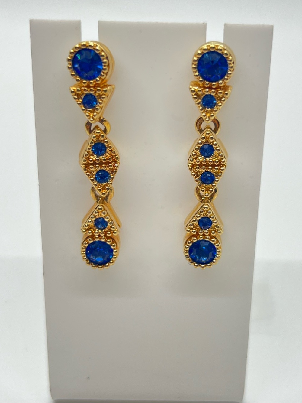 Swarovski Swan Logo Blue Crystal Dangle Gold Tone Earrings